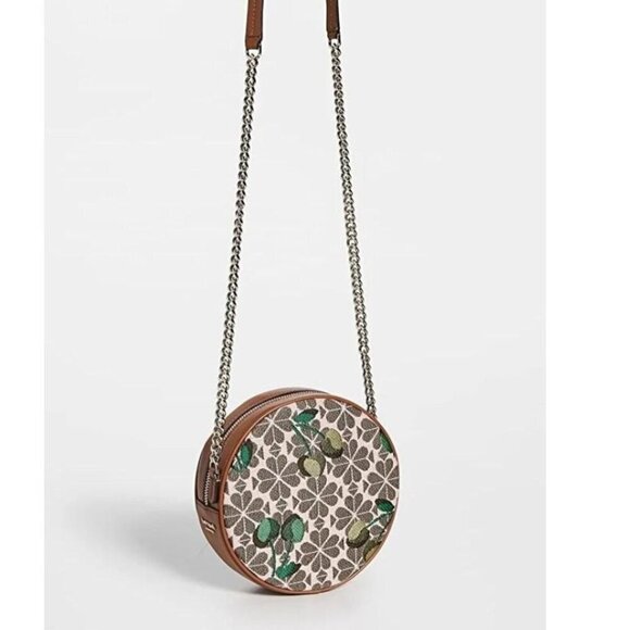 Kate Spade Canteen Jacquard Cherry Brown Crossbody Round Small Leather Floral - Picture 5 of 11